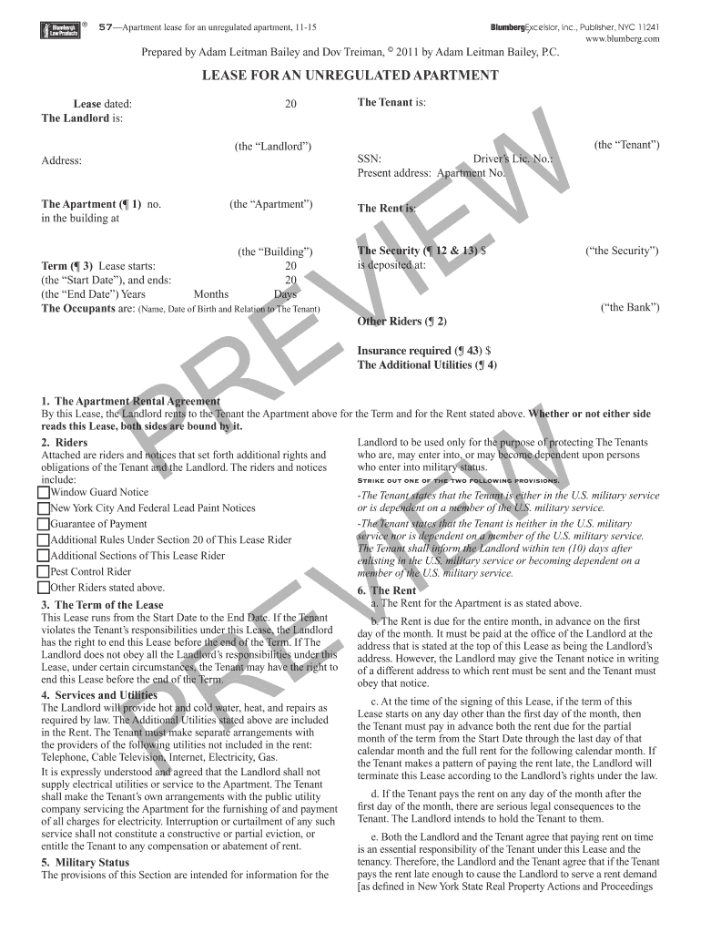 Fillable Online LEASE FOR AN UNREGULATED APARTMENT The Tenant Fax Email