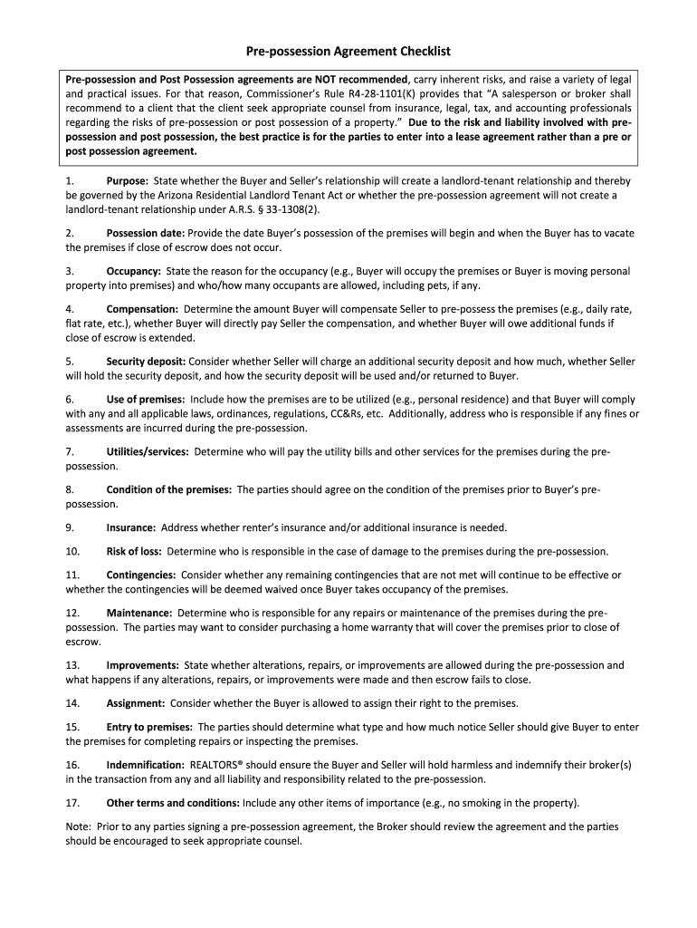 Fillable Online Prepossession Agreement Checklist Fax Email Print