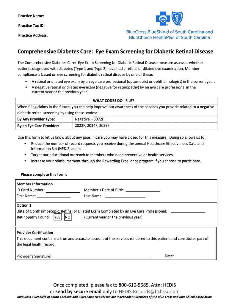 Fillable Online Comprehensive Diabetes Care Eye Exam Screening for Fax