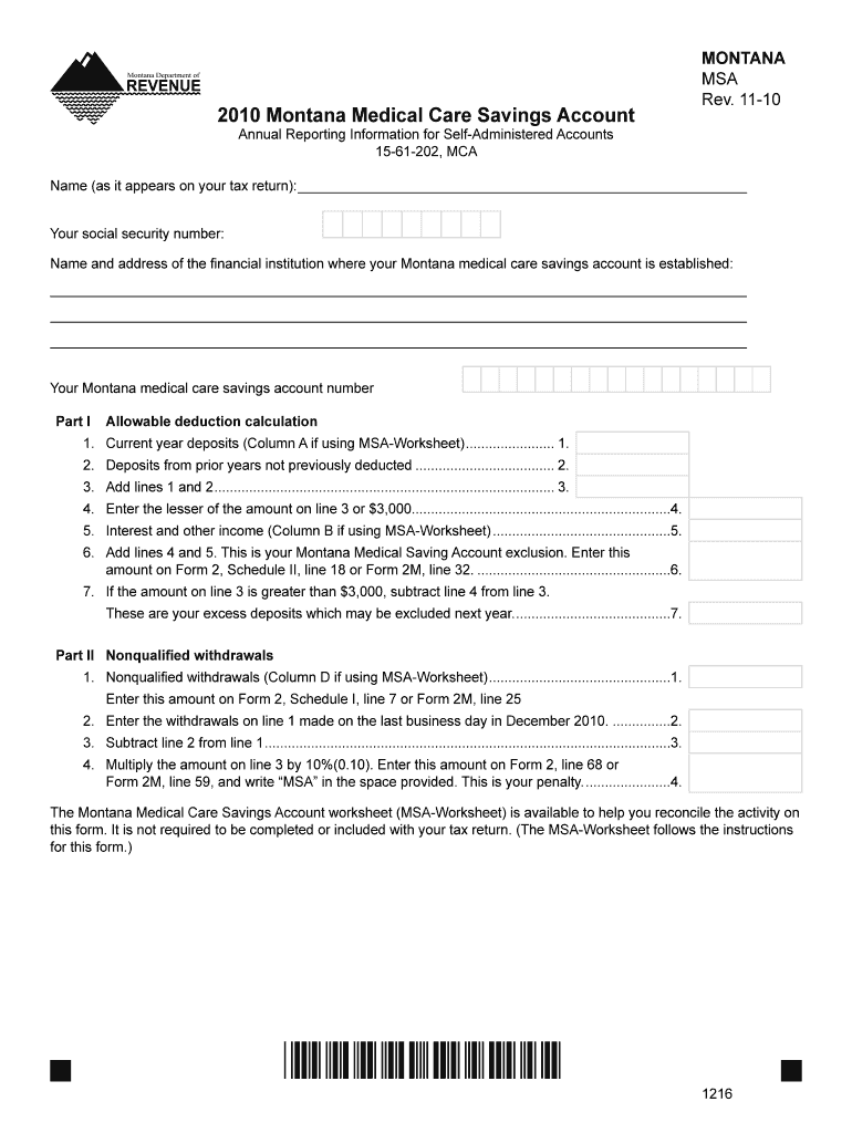 Fillable Online revenue mt MSA Rev 1110 2010 Montana Medical Care