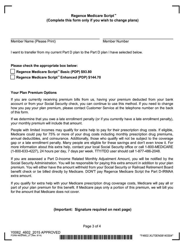 Fillable Online Regence Medicare Script TM (PDP) Plan to Plan