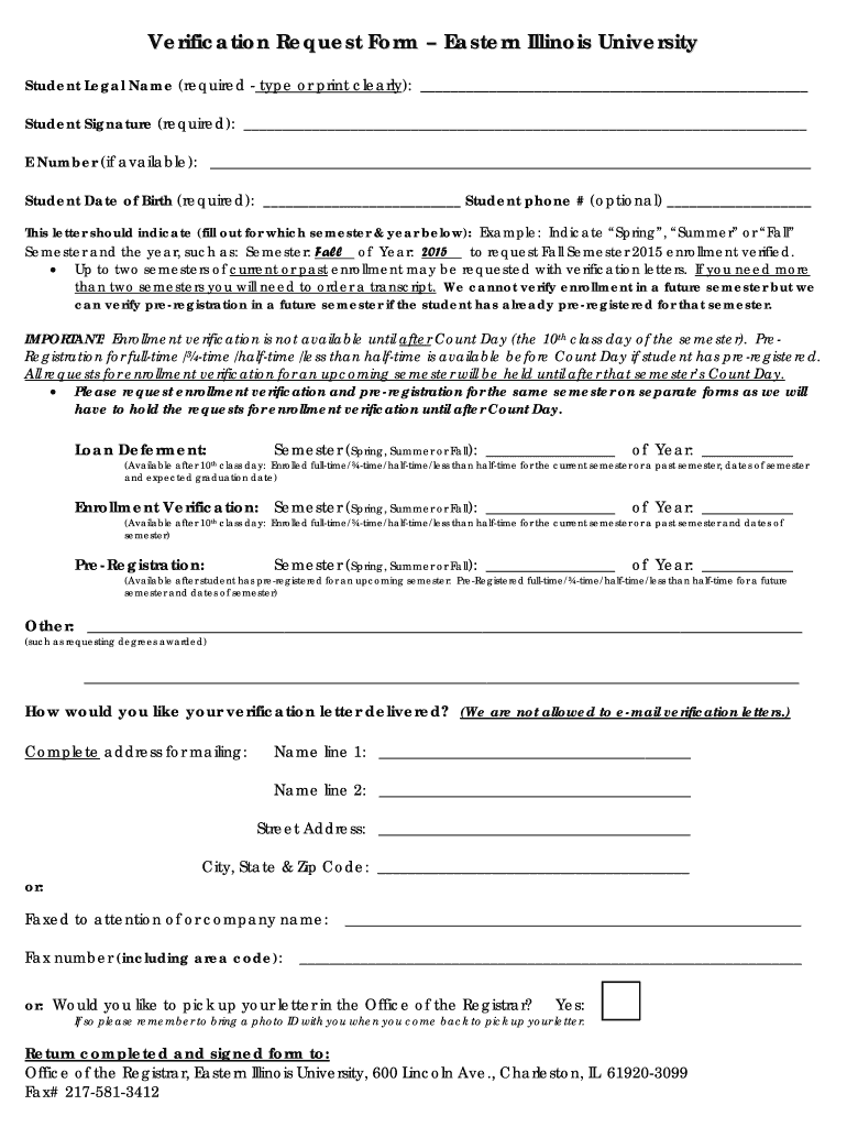 Fillable Online eiu Verification Request Form Eastern Illinois University Fax Email Print