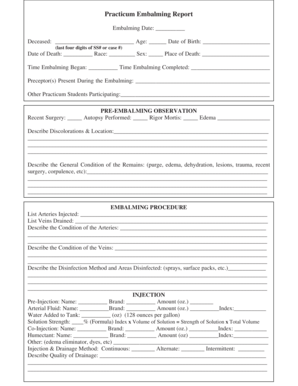 Embalming Case Report Form Printable