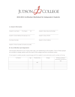 Fillable Online 20142015 Verification Worksheet for Independent