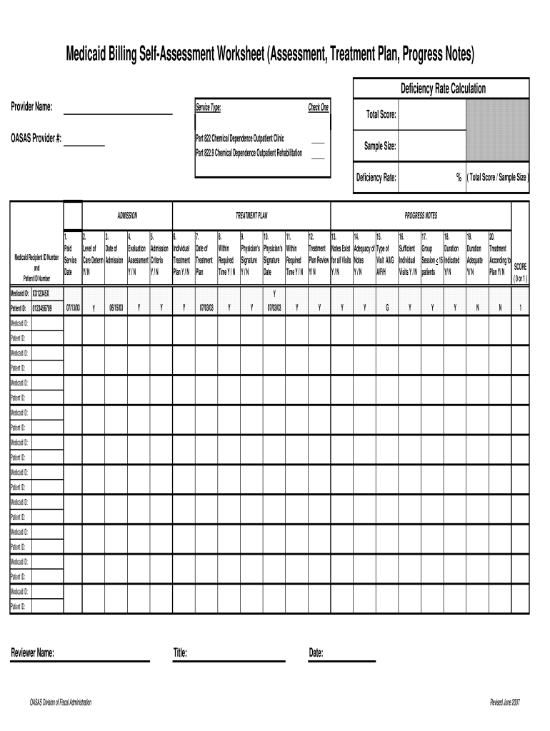 NY OASAS Medicaid Billing SelfAssessment Worksheet 20072021 Fill