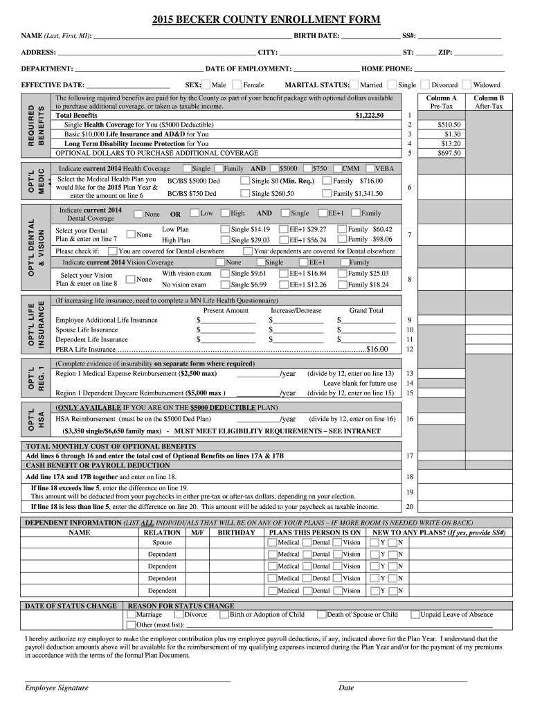 Fillable Online 2015 Enrollment Form Traditional Becker County