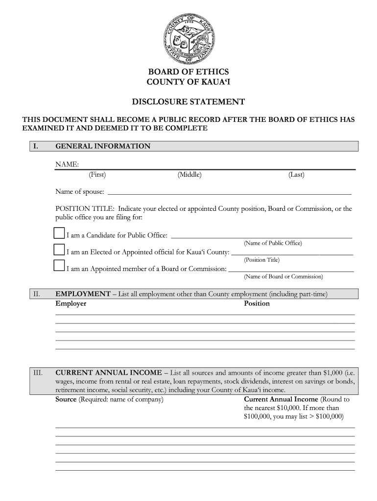 Fillable Online kauai KAUAI COUNTY BOARD OF ETHICS DISCLOSURE STATEMENT