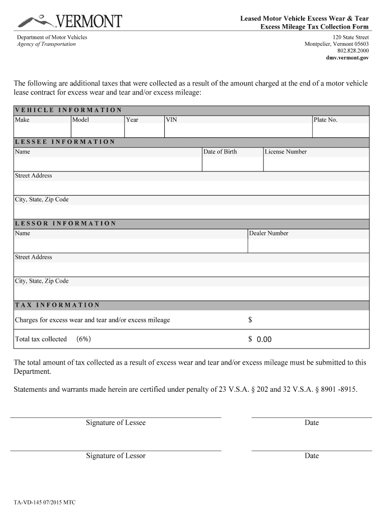 Fillable Online dmv vermont Leased Motor Vehicle Excess Wear Tear