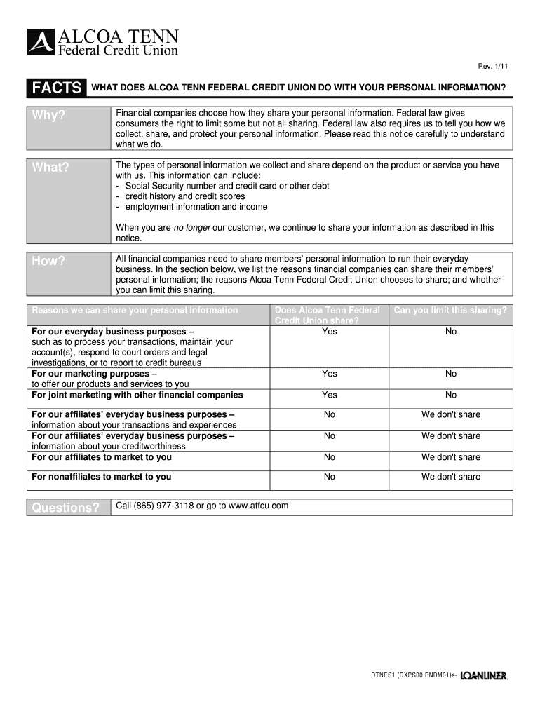 Fillable Online Rev 111 FACTS WHAT DOES ALCOA TENN FEDERAL CREDIT UNION