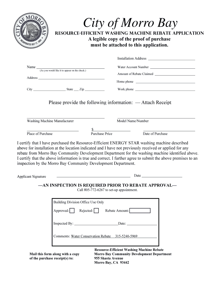 Fillable Online morrobay ca Resourceefficient Washing machine rebate