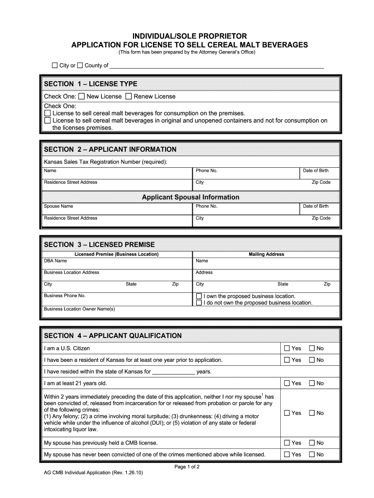 Fillable Online APPLICATION FOR CEREAL MALT BEVERAGE LICENSE CMB