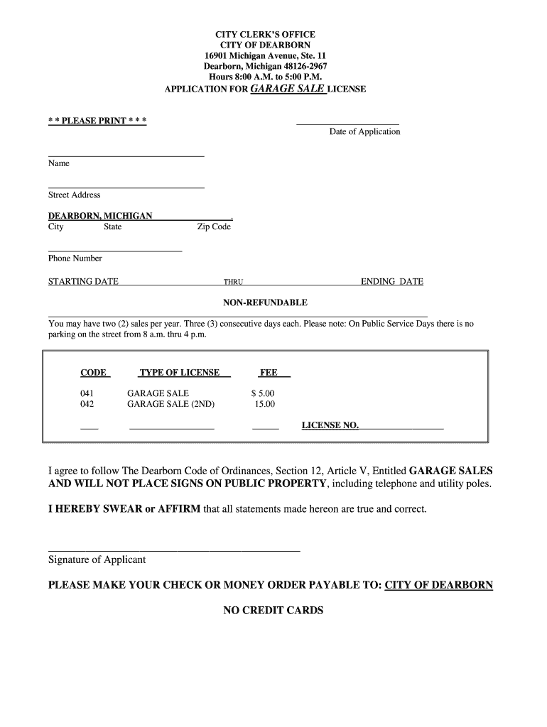 Fillable Online cityofdearborn CITY CLERKS OFFICE CITY OF DEARBORN Fax