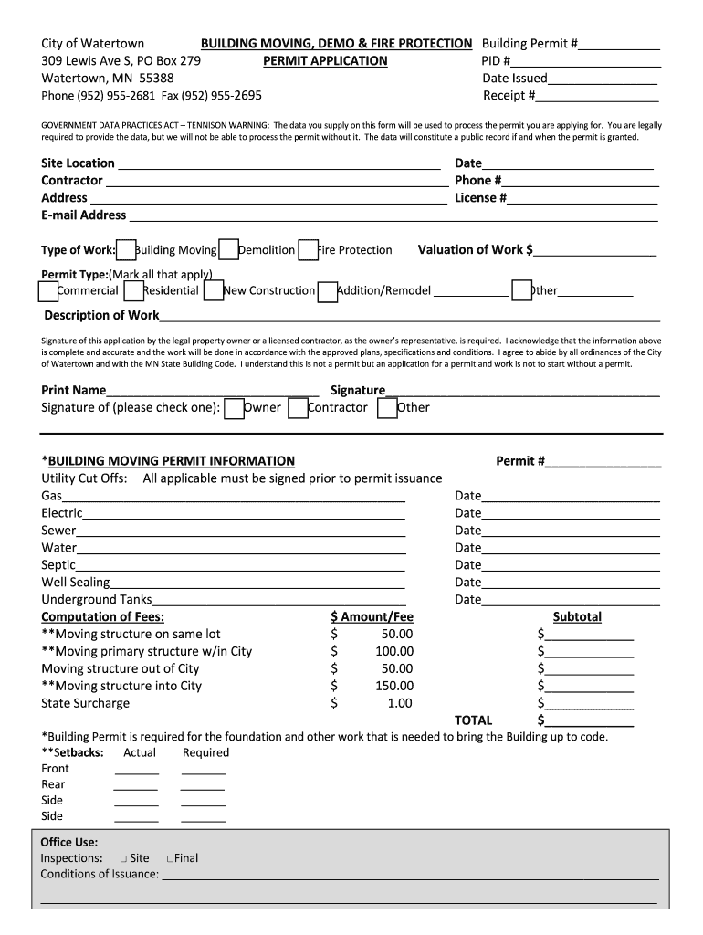 Fillable Online ci watertown mn City of Watertown BUILDING MOVING DEMO
