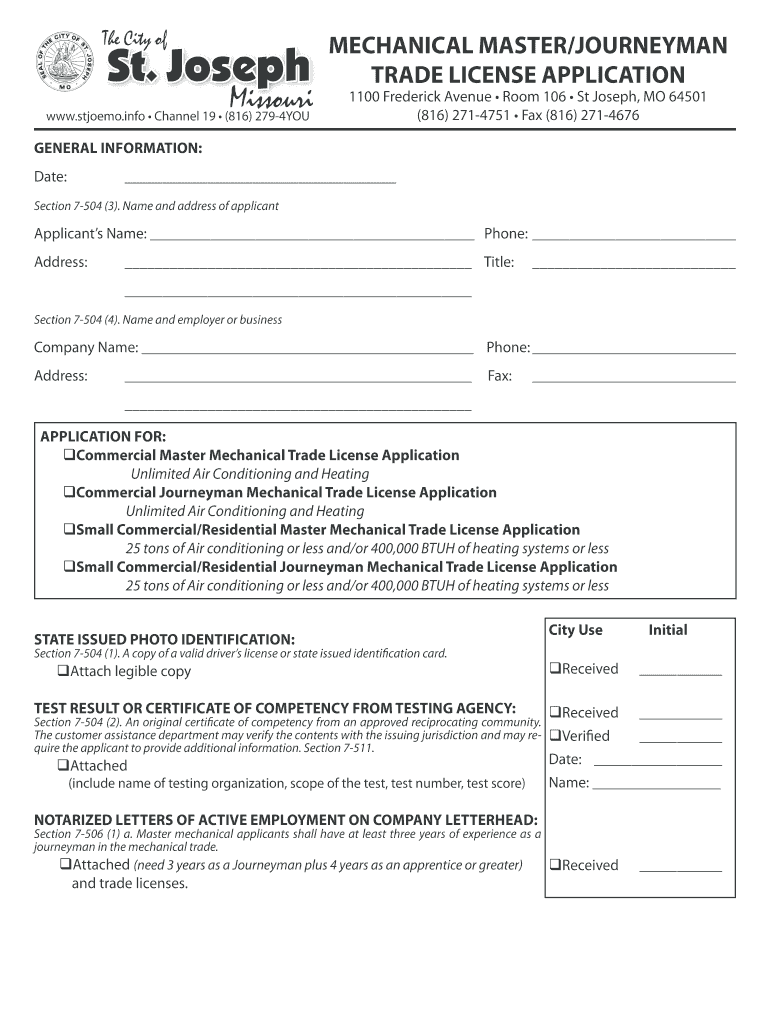 Fillable Online Mechanical Master Journeyman Trade License Application