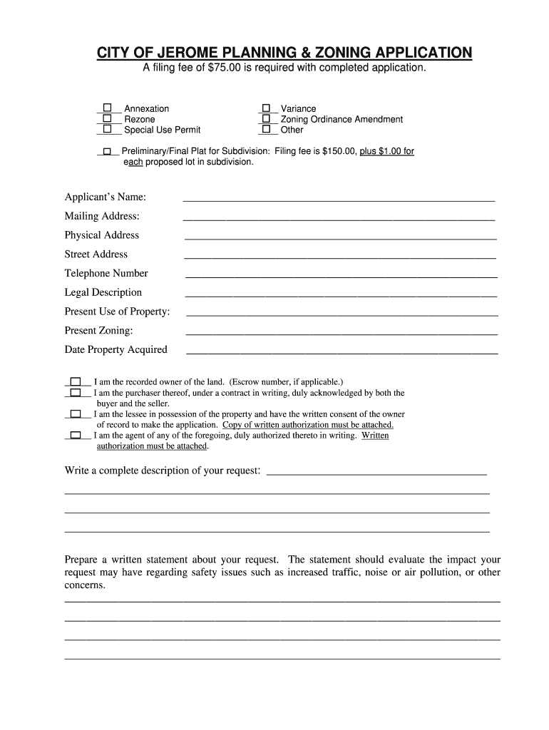 Fillable Online ci jerome id CITY OF JEROME PLANNING ZONING APPLICATION