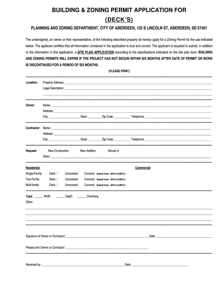 Fillable Online aberdeen sd BUILDING ZONING PERMIT APPLICATION FOR