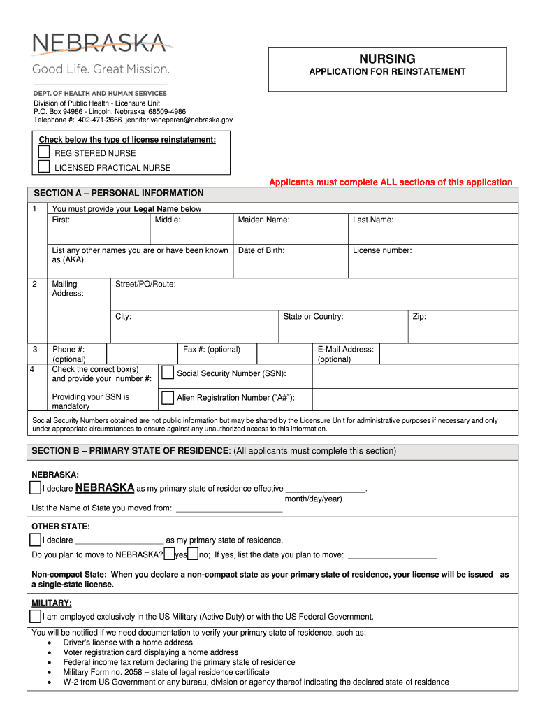 Fillable Online dhhs ne Nebraska REINSTATEMENT INFORMATION Fax Email