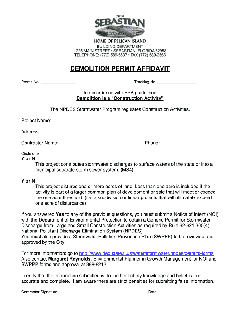 Fillable Online public cityofsebastian Demolition Permit Affidavit