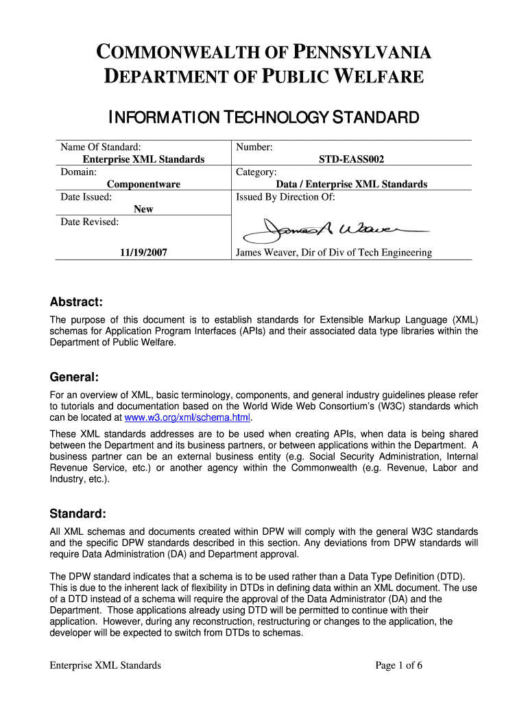 Fillable Online dpw state pa Enterprise XML Standards dpw state pa