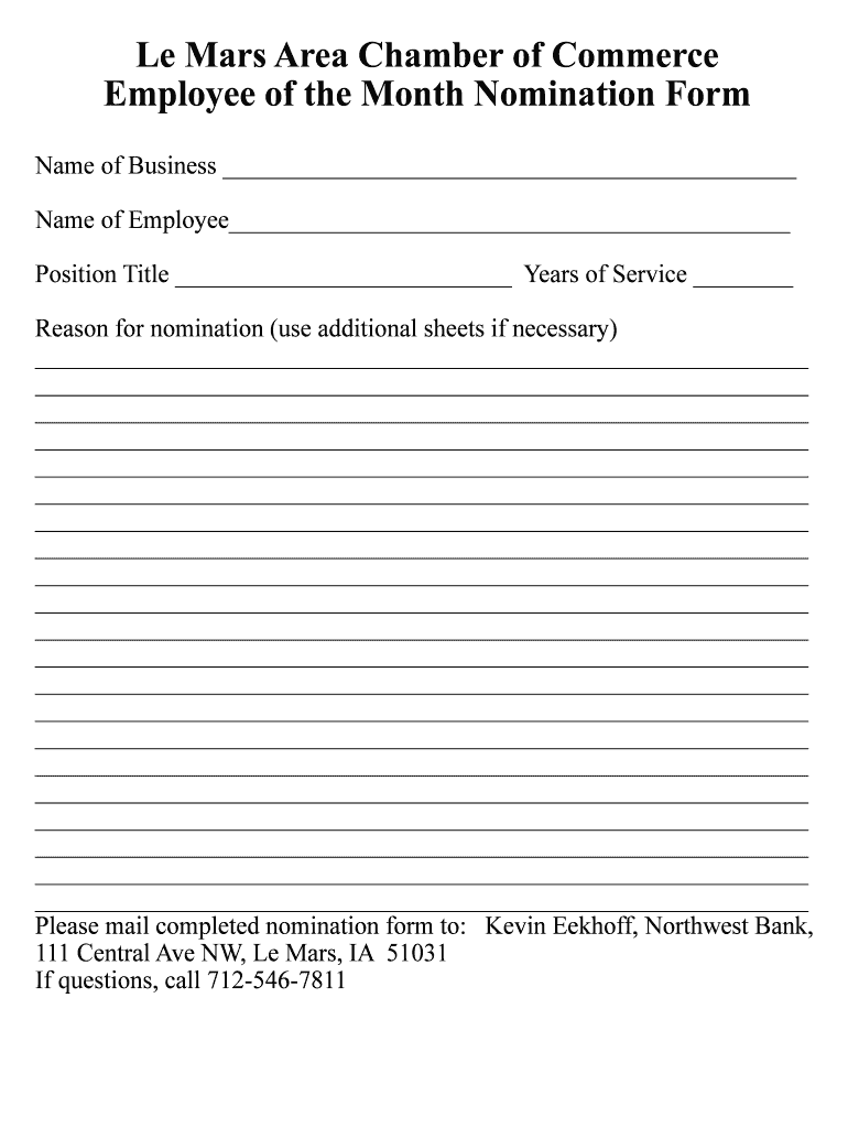 Fillable Online Le Mars Area Chamber of Commerce Employee of the Month