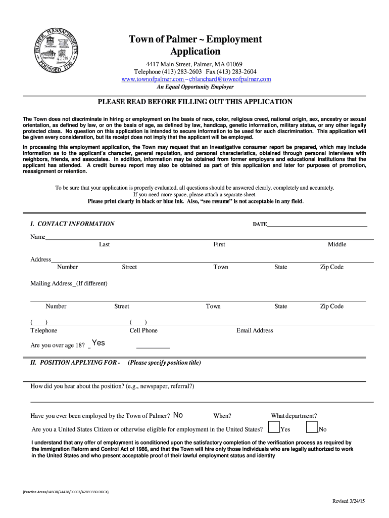 Fillable Online Town of Palmer Employment Application Fax Email Print pdfFiller