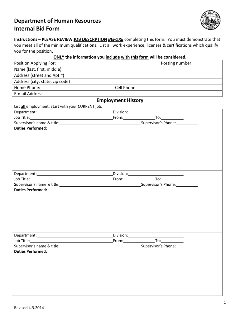 Fillable Online Department of Human Resources Internal Bid Form Fax