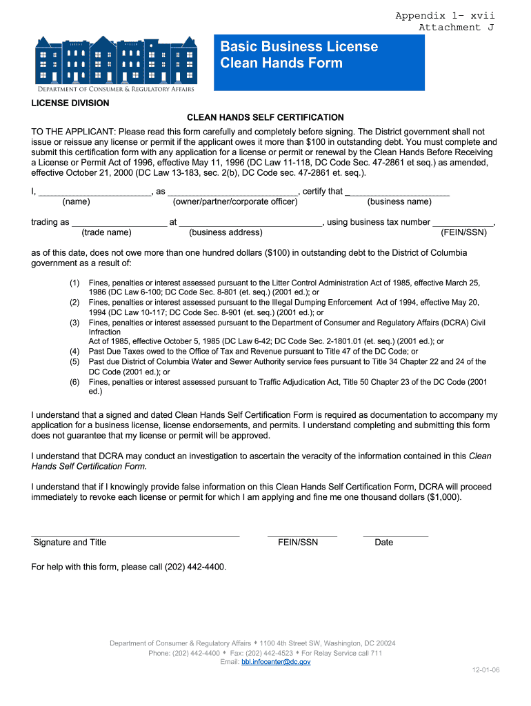 Basic Business License Clean Hands Form Department of does dc