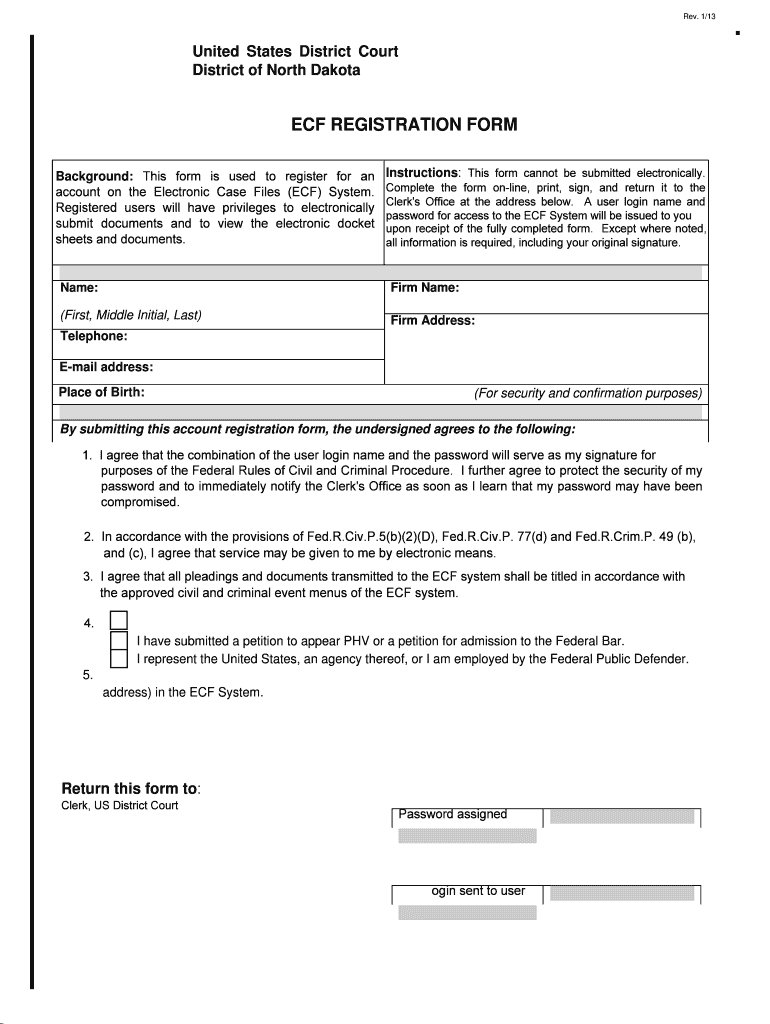 Fillable Online ndd uscourts ECF REGISTRATION FORM District of North