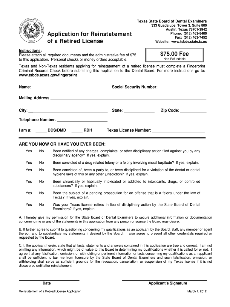 Fillable Online tsbde state tx Application for Reinstatement of a Retired License 75.00 Fee