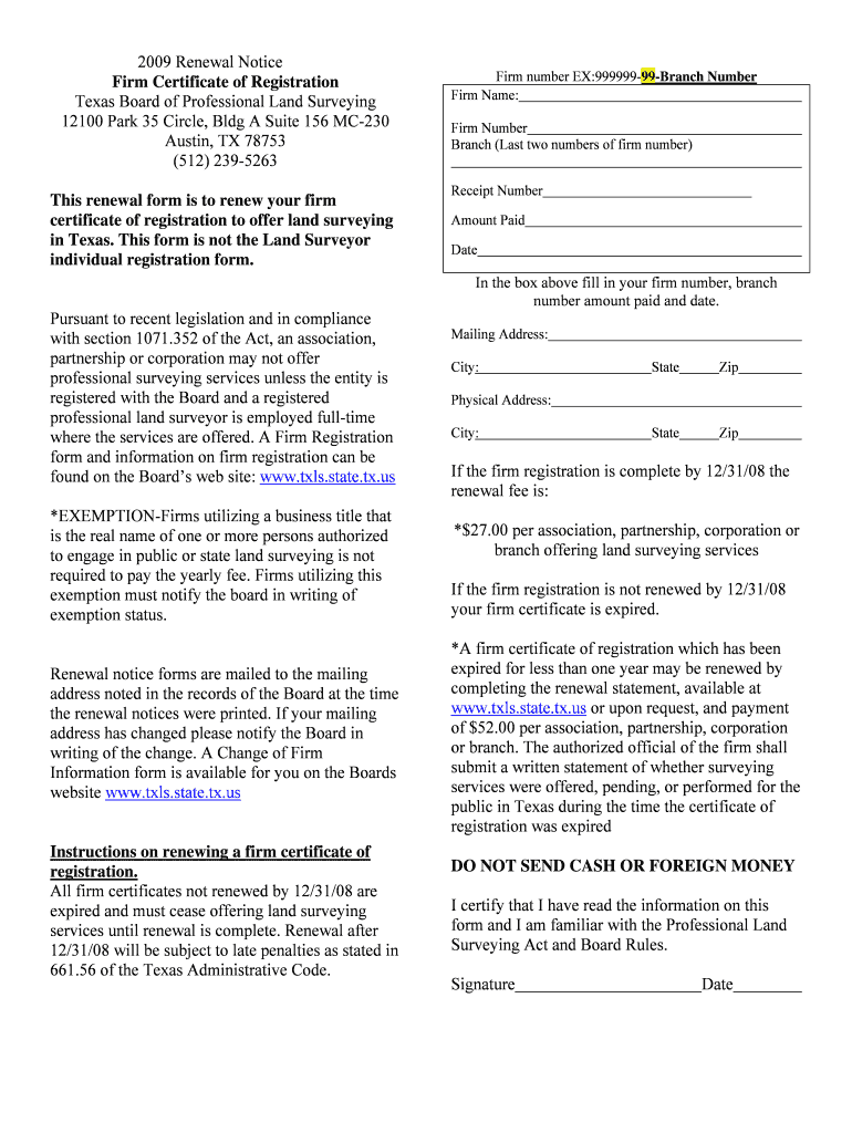 Fillable Online txls state tx 2009 Renewal Notice Texas Board of