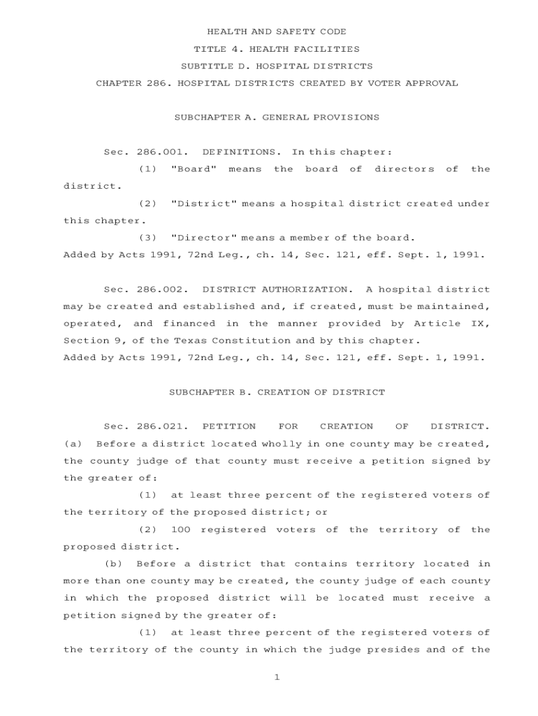 Fillable Online HEALTH AND SAFETY CODE CHAPTER 286. HOSPITAL DISTRICTS