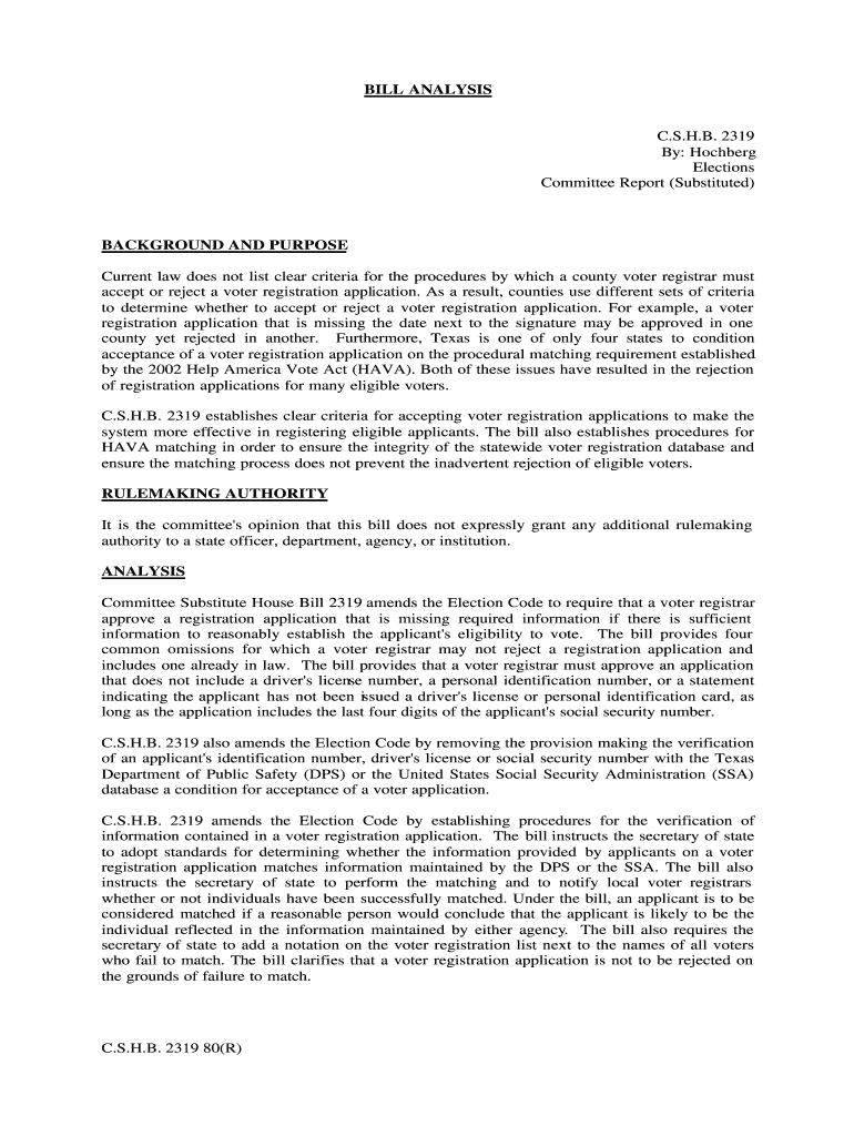 Fillable Online legis state tx C.S.H.B. 2319 80(R) BILL ANALYSIS C.S.H
