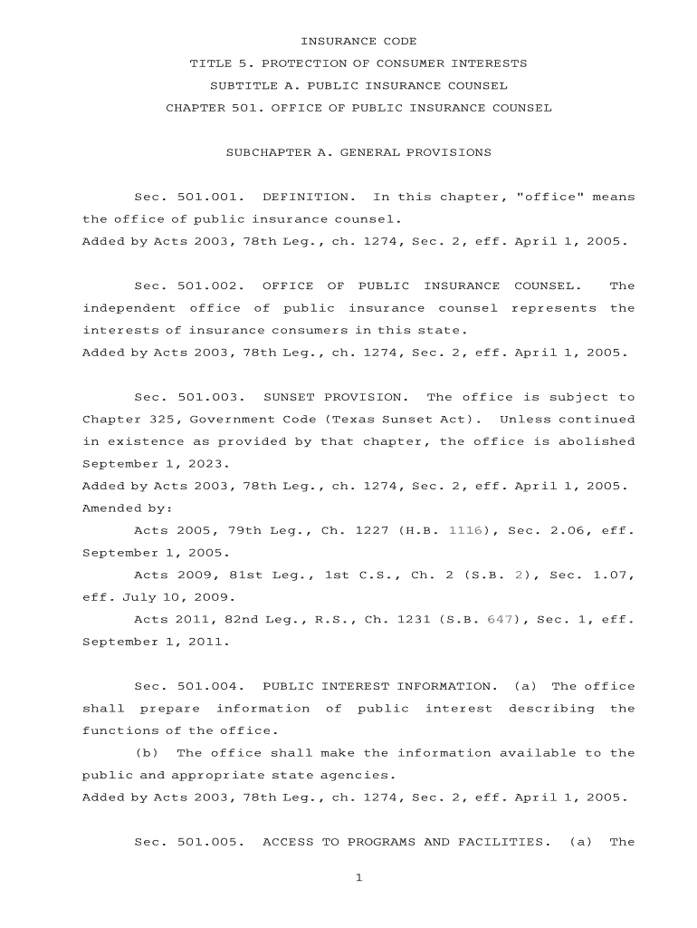 Fillable Online INSURANCE CODE Fax Email Print pdfFiller