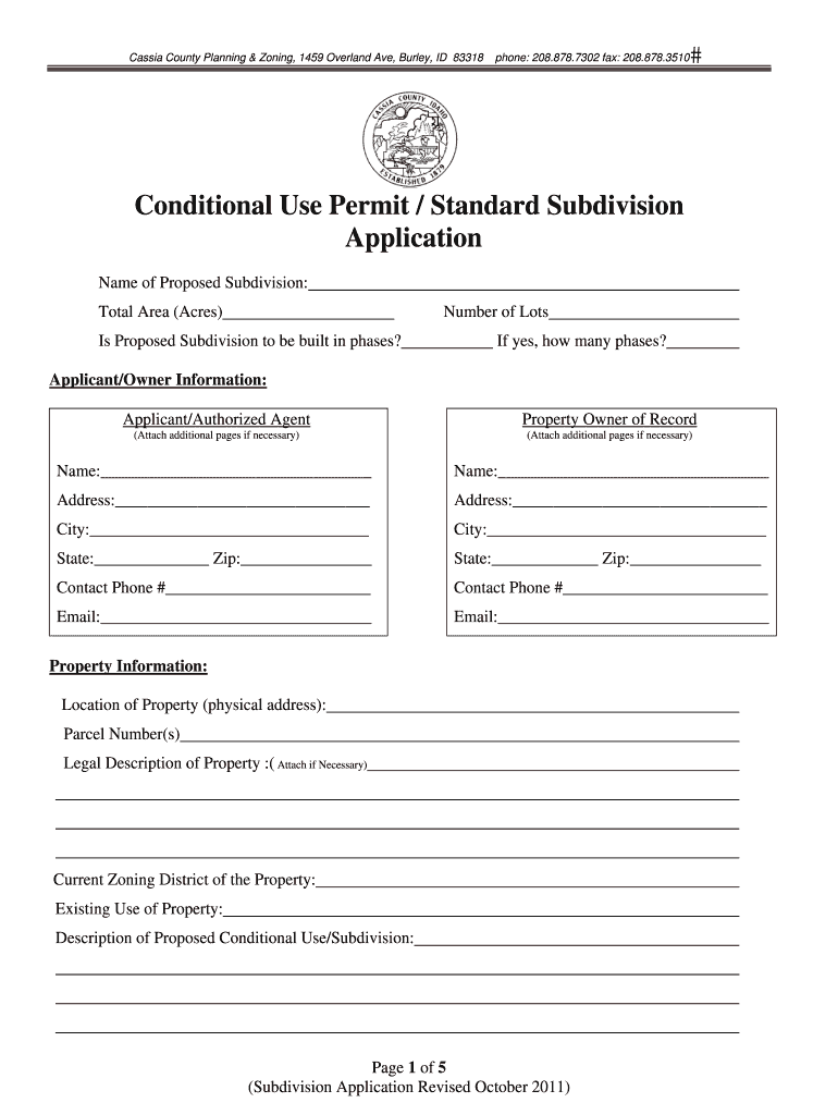 Fillable Online cassiacounty Subdivision Standard Application Cassia