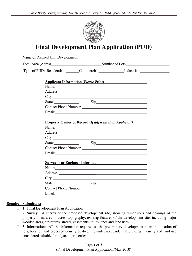 Fillable Online cassiacounty Final Development Plan Application (PUD