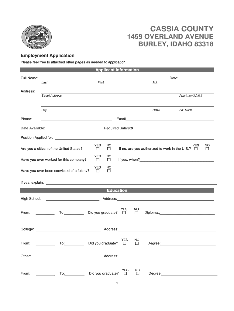 Fillable Online cassiacounty Cassia County Employment Application