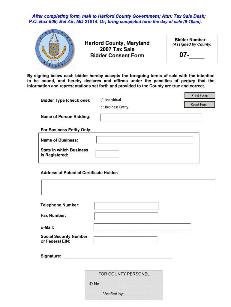 Fillable Online harfordcountymd Harford County, Maryland 2007 Tax Sale