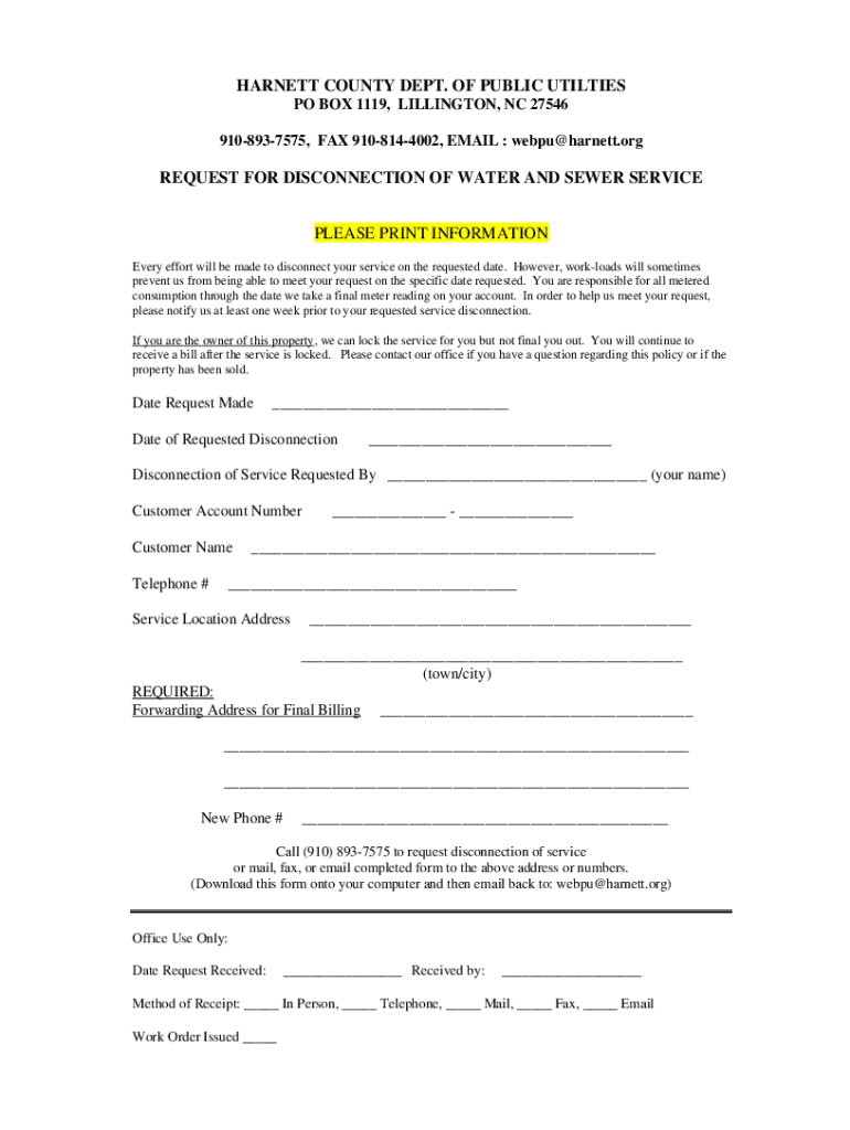 Fillable Online request for disconnection of water and sewer service