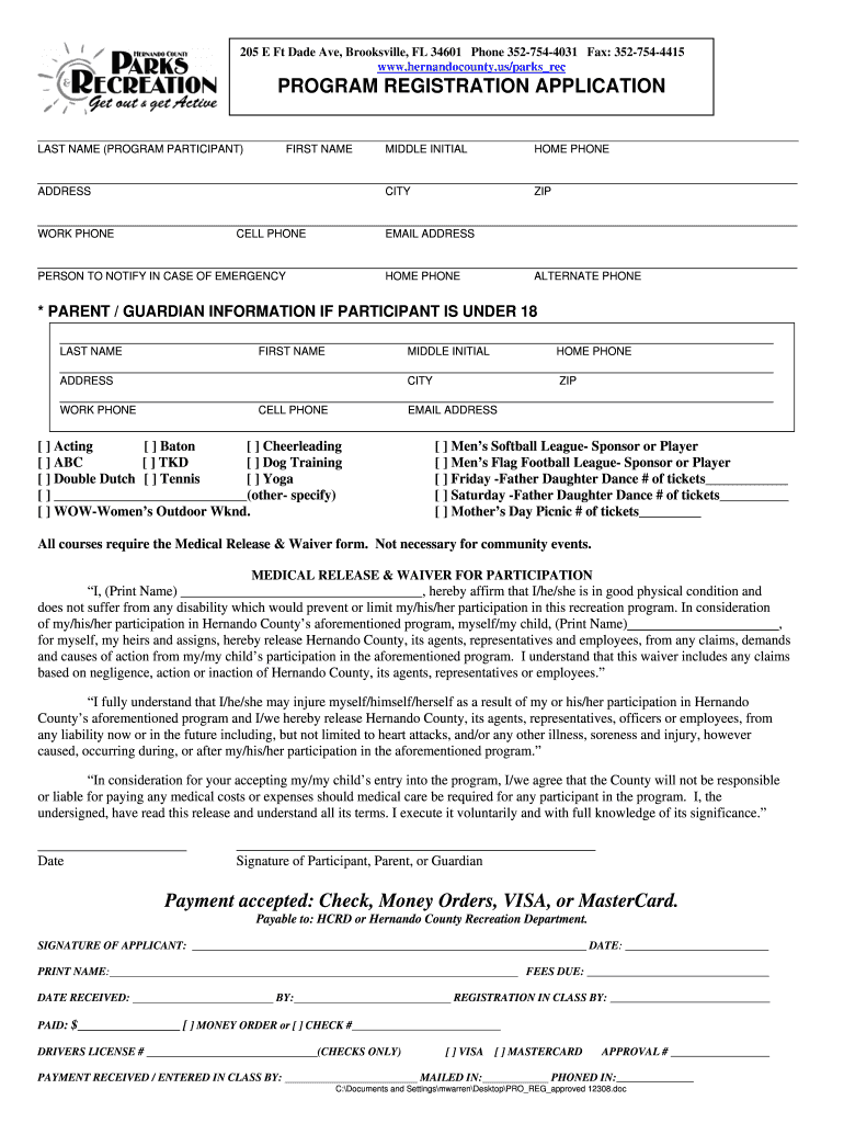 Fillable Online co hernando fl PROGRAM REGISTRATION APPLICATION Hernando County Fax Email