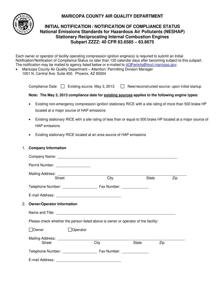 Fillable Online maricopa INITIAL NOTIFICATION NOTIFICATION OF COMPLIANCE STATUS maricopa Fax