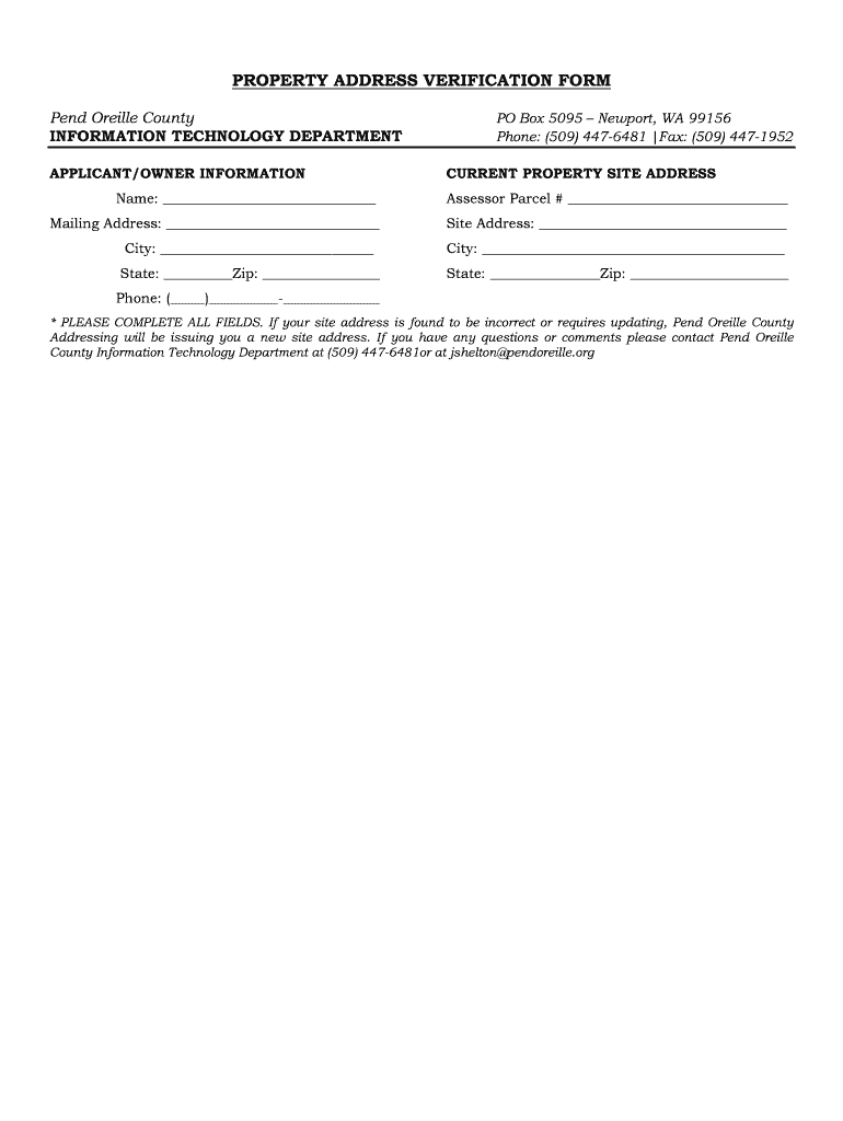 Fillable Online pendoreilleco PROPERTY ADDRESS VERIFICATION FORM Pend