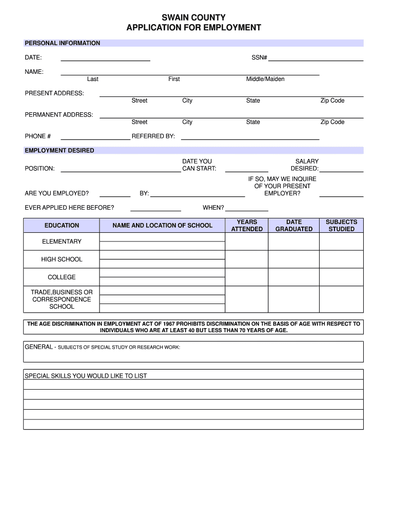 Fillable Online swaincountync Swain County Job Application Fax Email