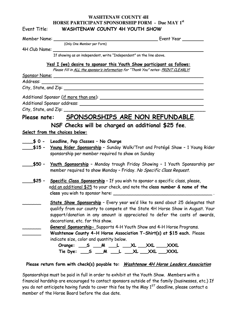 Washtenaw County 4H Youth Show Horse Participant Sponsorship Form