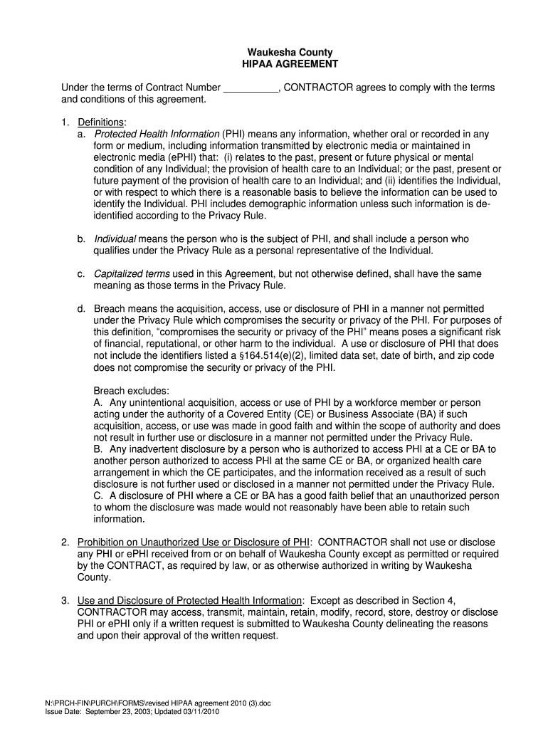Fillable Online waukeshacounty Waukesha County HIPAA AGREEMENT Under