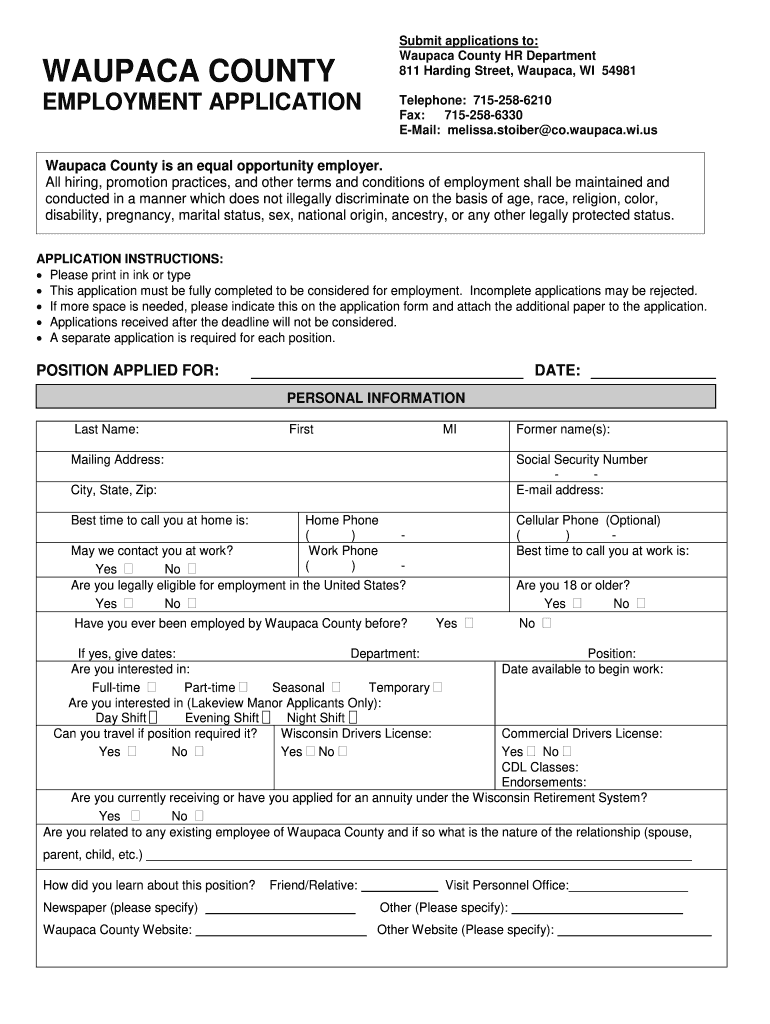 Waupaca Application Fill Online, Printable, Fillable, Blank pdfFiller