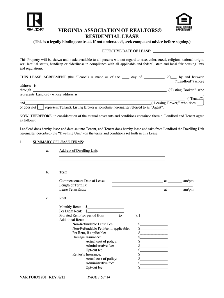Virginia Association Of Realtors Lease Form Fill Online, Printable