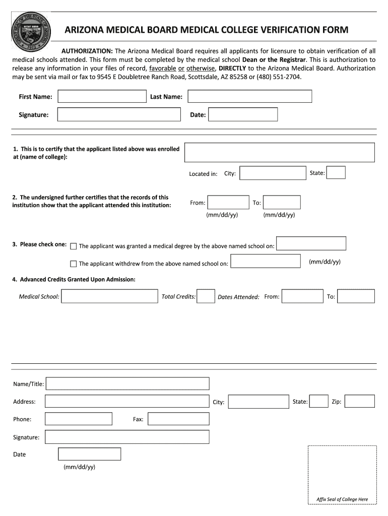 Fillable Online azmd Arizona medical board medical college verification