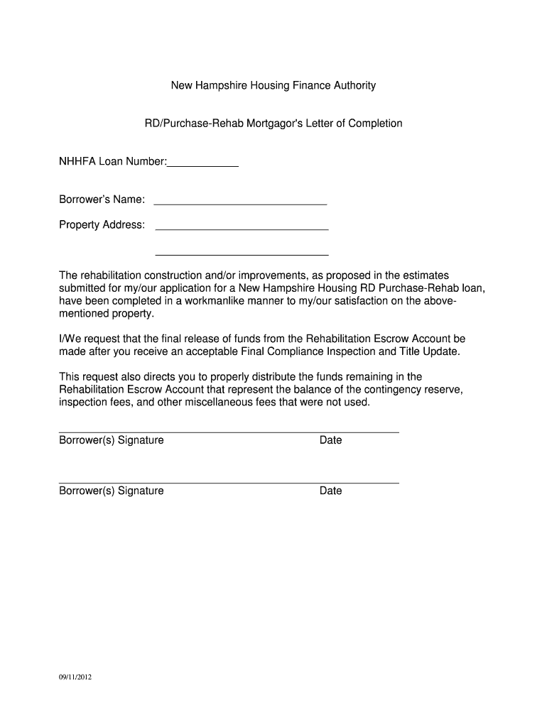 Fillable Online nhhfa PR Letter of Completion New Hampshire Housing