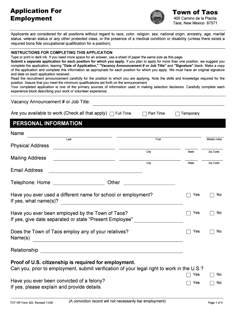 Fillable Online Employment Application (pdf) The Town Of Taos Fax