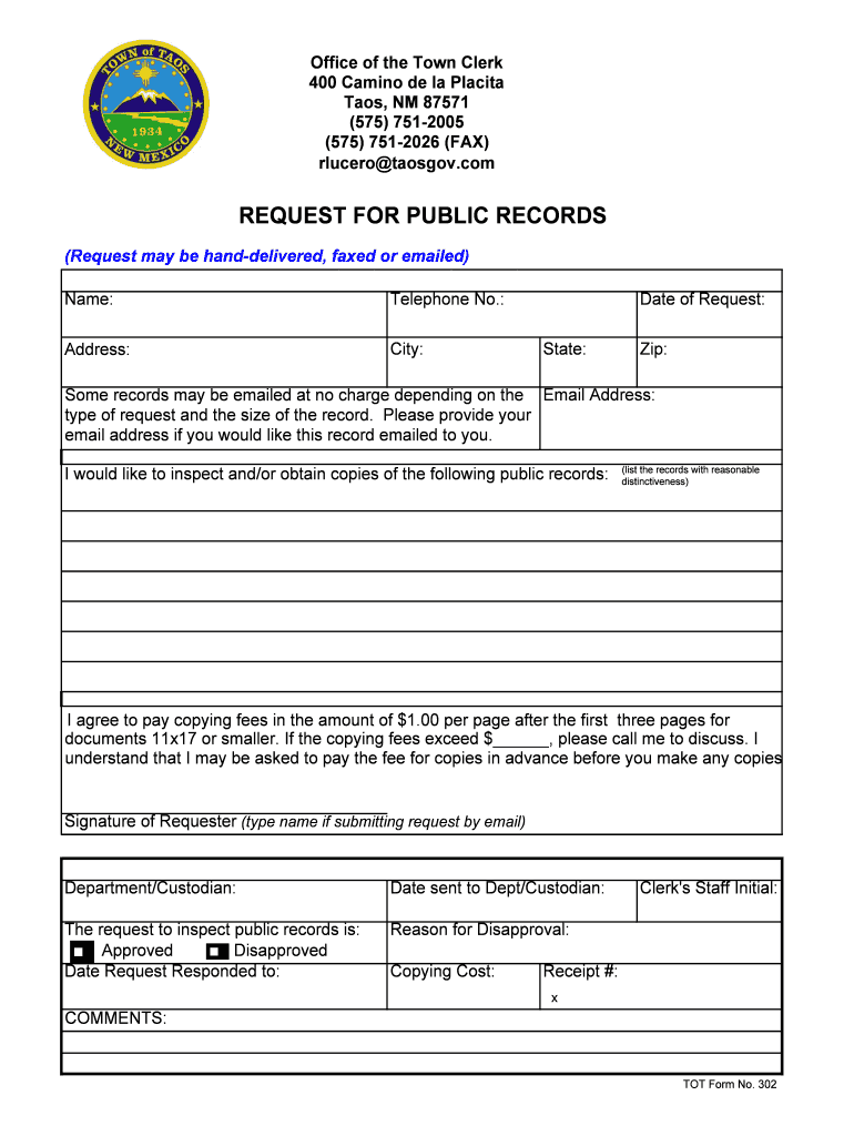 Fillable Online Public Records Request Form The Town Of Taos Fax